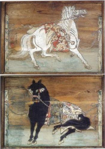 Diptych two horses | Kanō Hōgai 狩野芳崖 (signed Shōkai 勝海) | 1828-1888