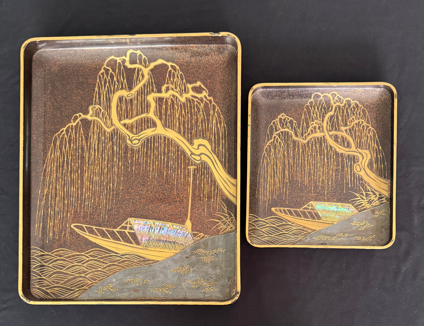 “Kōrin Makie” pair of writing boxes 硯箱 suzuribako | Leaves, falcon / boat under willow | 18th century
