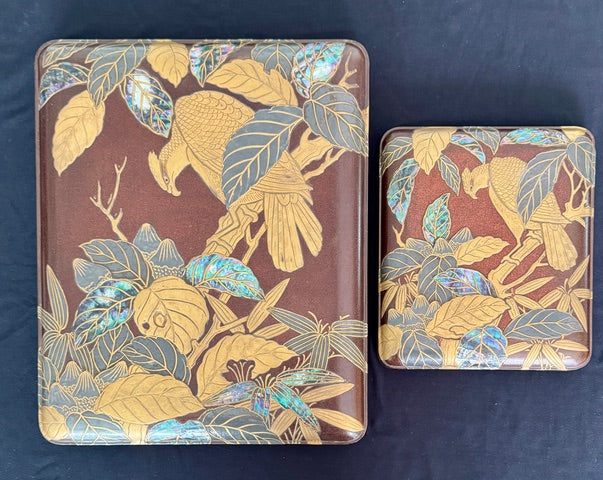“Kōrin Makie” pair of writing boxes 硯箱 suzuribako | Leaves, falcon / boat under willow | 18th century