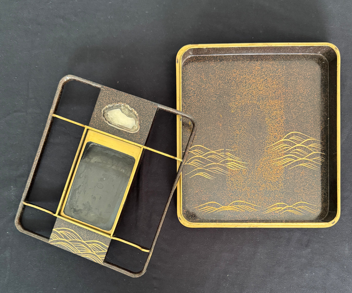“Kōrin Makie” pair of writing boxes 硯箱 suzuribako | Leaves, falcon / boat under willow | 18th century
