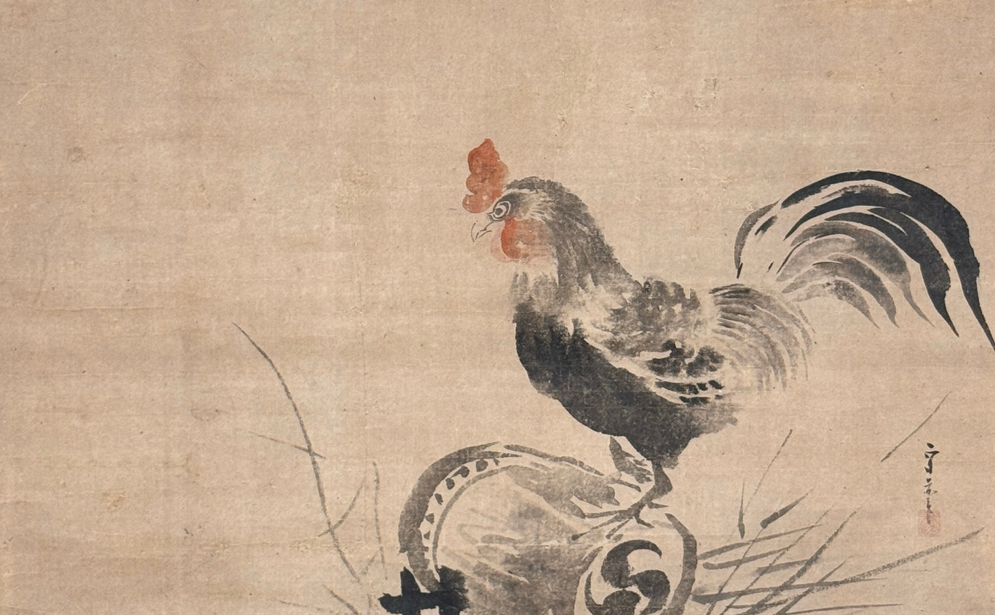 Rooster with drum 鶏 | Kusumi Morikage 久隅守景 | 1620-1690