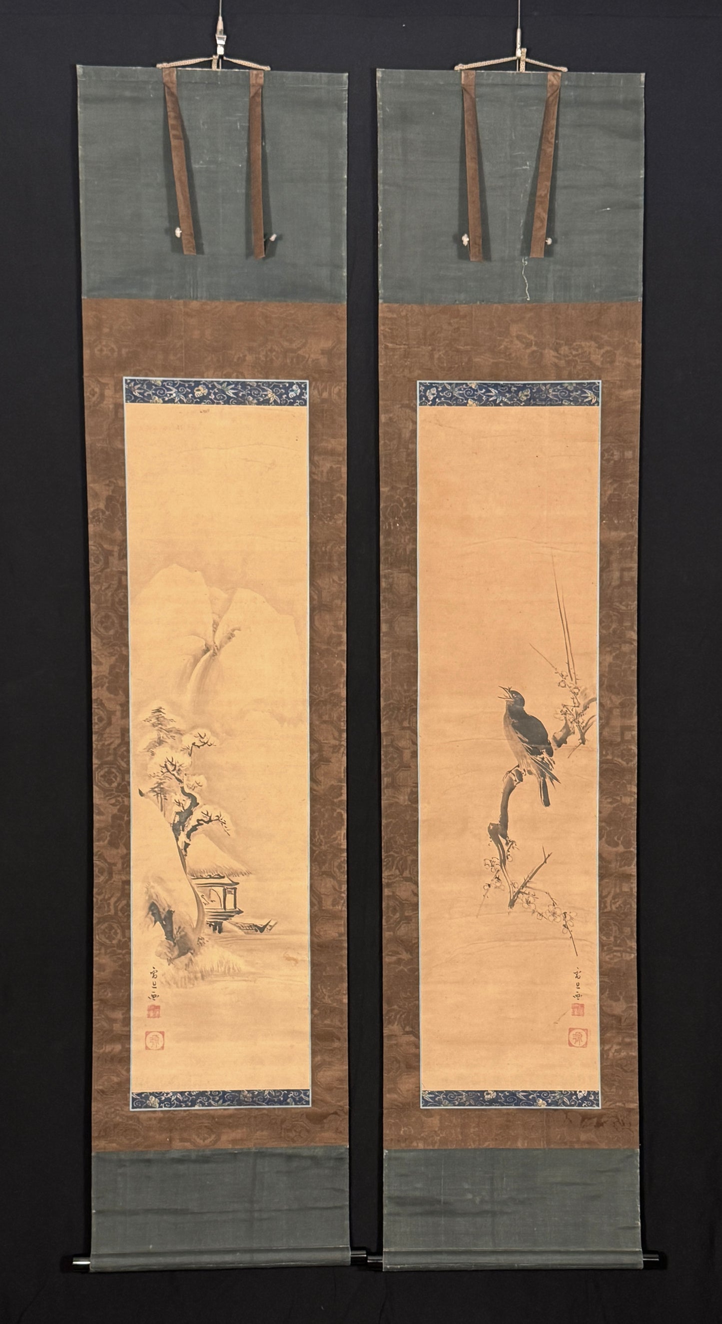 Diptychon Landschaft / Haubenmaina auf Pflaumenblüte | Hasegawa Settan (attr.) 長谷川雪旦 (伝) | 1778-1843