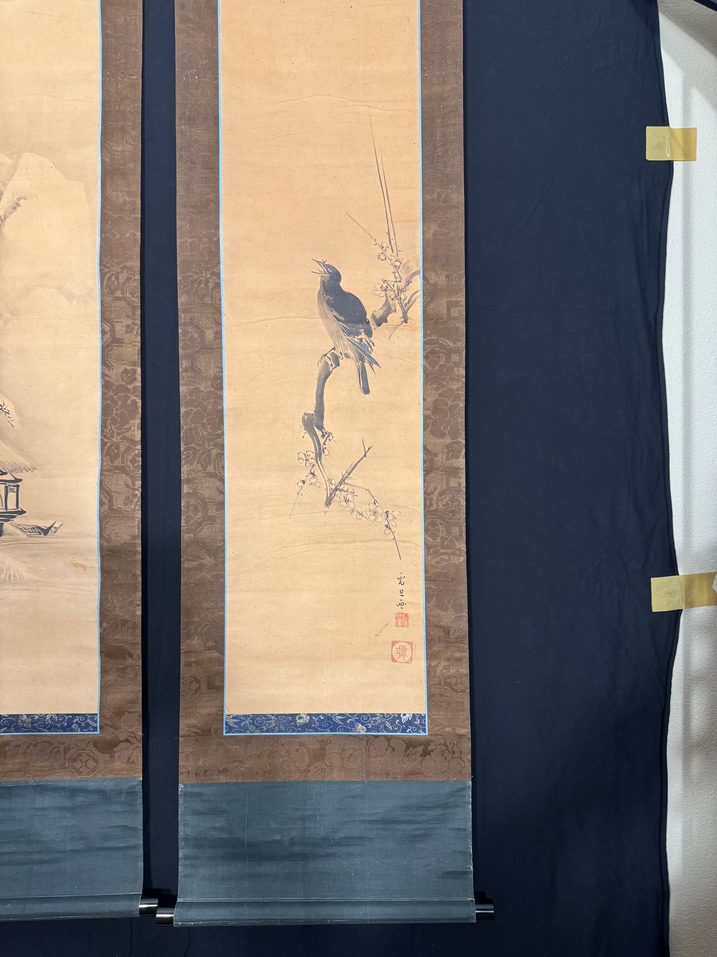 Diptychon Landschaft / Haubenmaina auf Pflaumenblüte | Hasegawa Settan (attr.) 長谷川雪旦 (伝) | 1778-1843