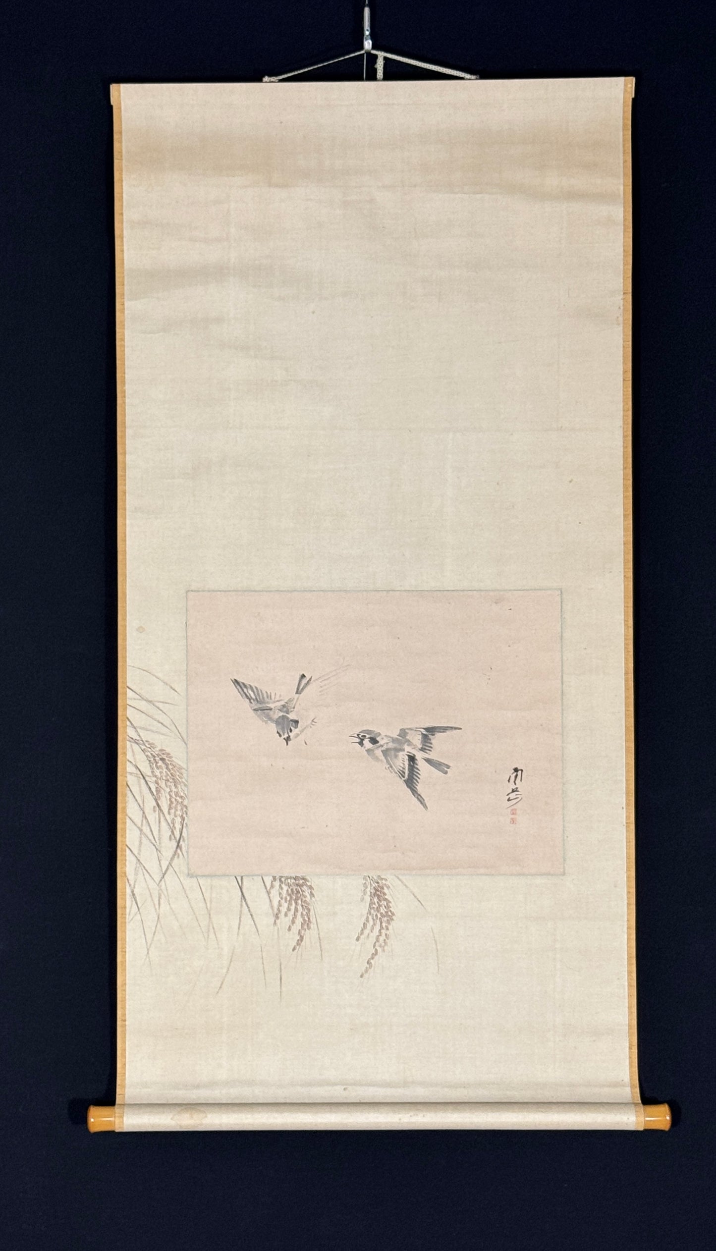 Two Sparrows | Watanabe Nangaku 渡辺南岳 | 1767-1813 | Rice Ears on the Mounting: Nakajima Raishō 1859